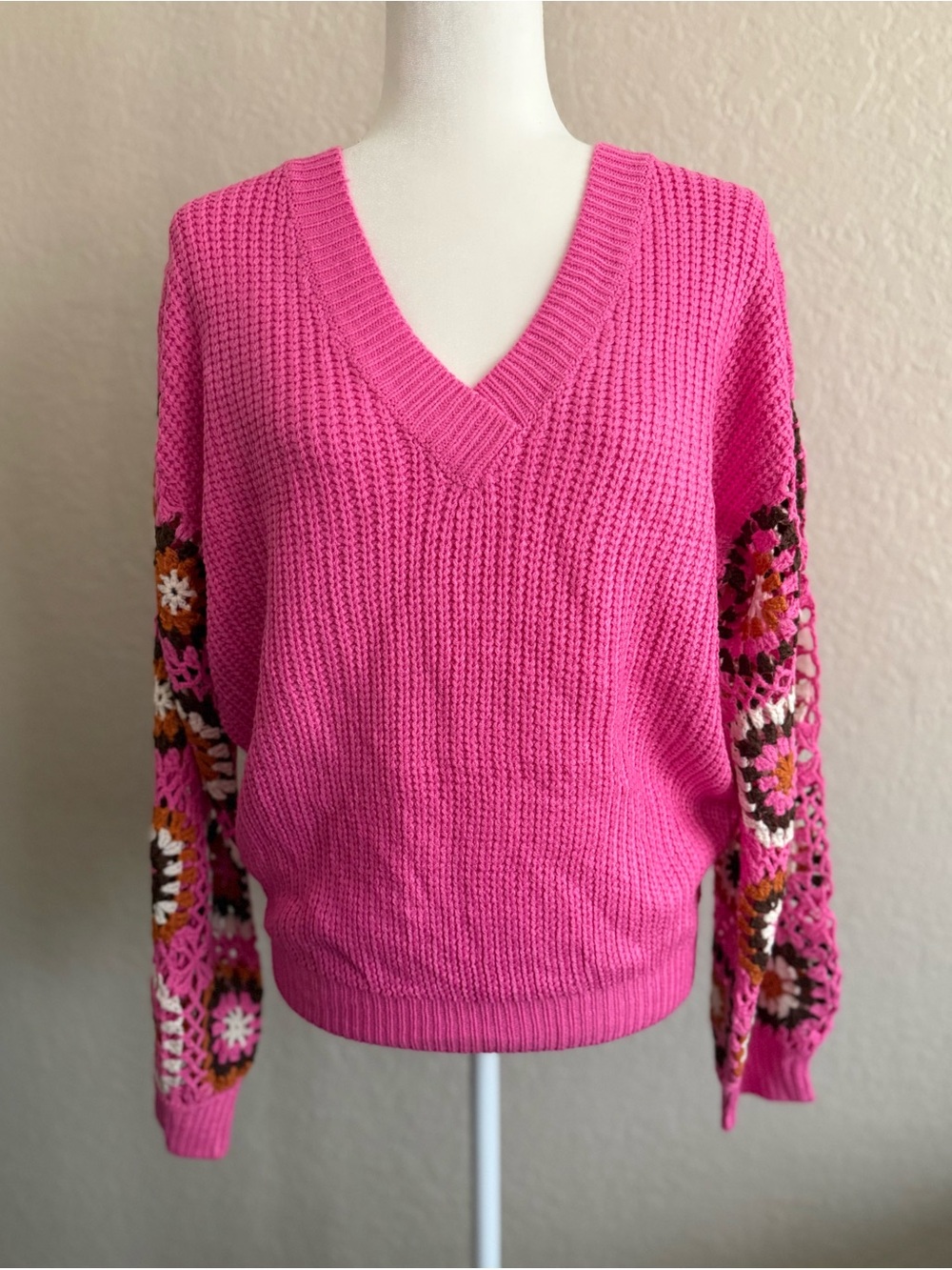 BIBI Pink Crochet Granny Square Sleeve Oversized V-Neck Sweater NWT S